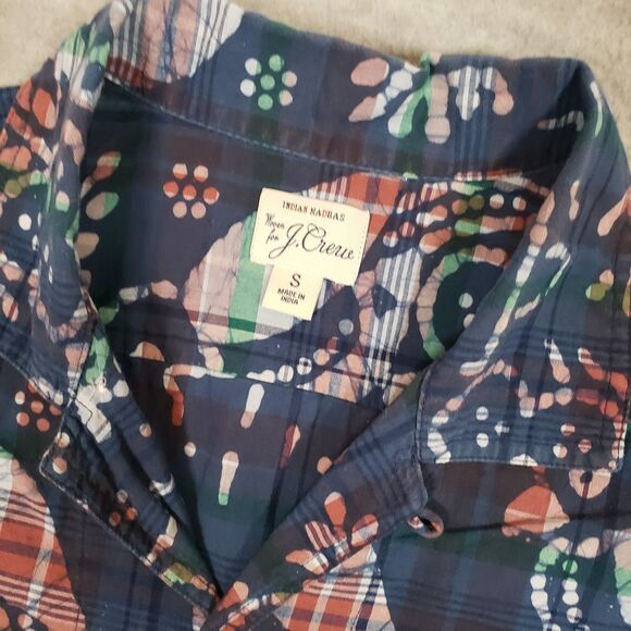 J.Crew Indian Madras Camp Shirt Mens Small Blue Purple Parrot Retro Summer - Picture 3 of 5